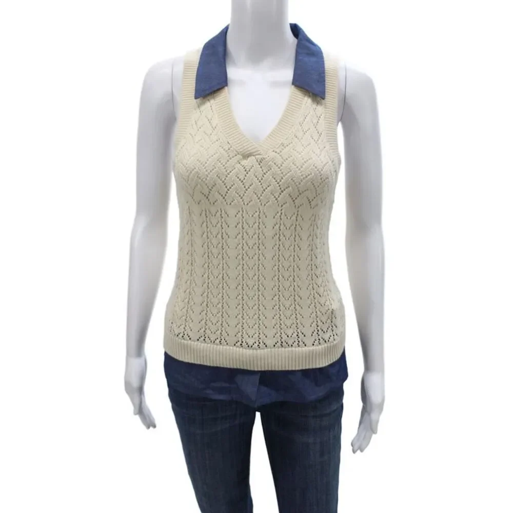 Central Park West Womens Ivory Argyle Collared Sleeveless Vest Size S